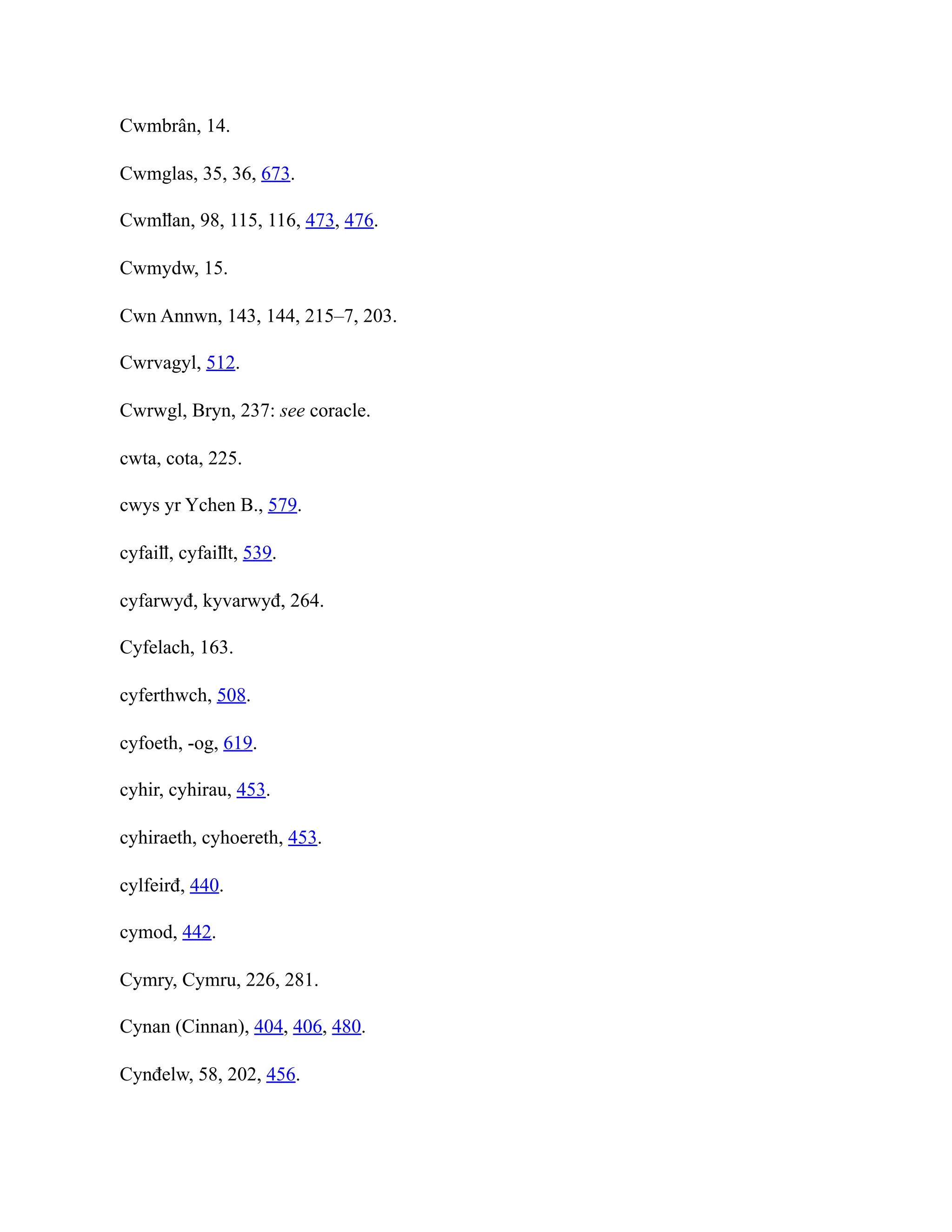 Cwmbrân, 14.
Cwmglas, 35, 36, 673.
Cwmỻan, 98, 115, 116, 473, 476.
Cwmydw, 15.
Cwn Annwn, 143, 144, 215–7, 203.
Cwrvagyl, 512.
Cwrwgl, Bryn, 237: see coracle.
cwta, cota, 225.
cwys yr Ychen B., 579.
cyfaiỻ, cyfaiỻt, 539.
cyfarwyđ, kyvarwyđ, 264.
Cyfelach, 163.
cyferthwch, 508.
cyfoeth, -og, 619.
cyhir, cyhirau, 453.
cyhiraeth, cyhoereth, 453.
cylfeirđ, 440.
cymod, 442.
Cymry, Cymru, 226, 281.
Cynan (Cinnan), 404, 406, 480.
Cynđelw, 58, 202, 456.
 