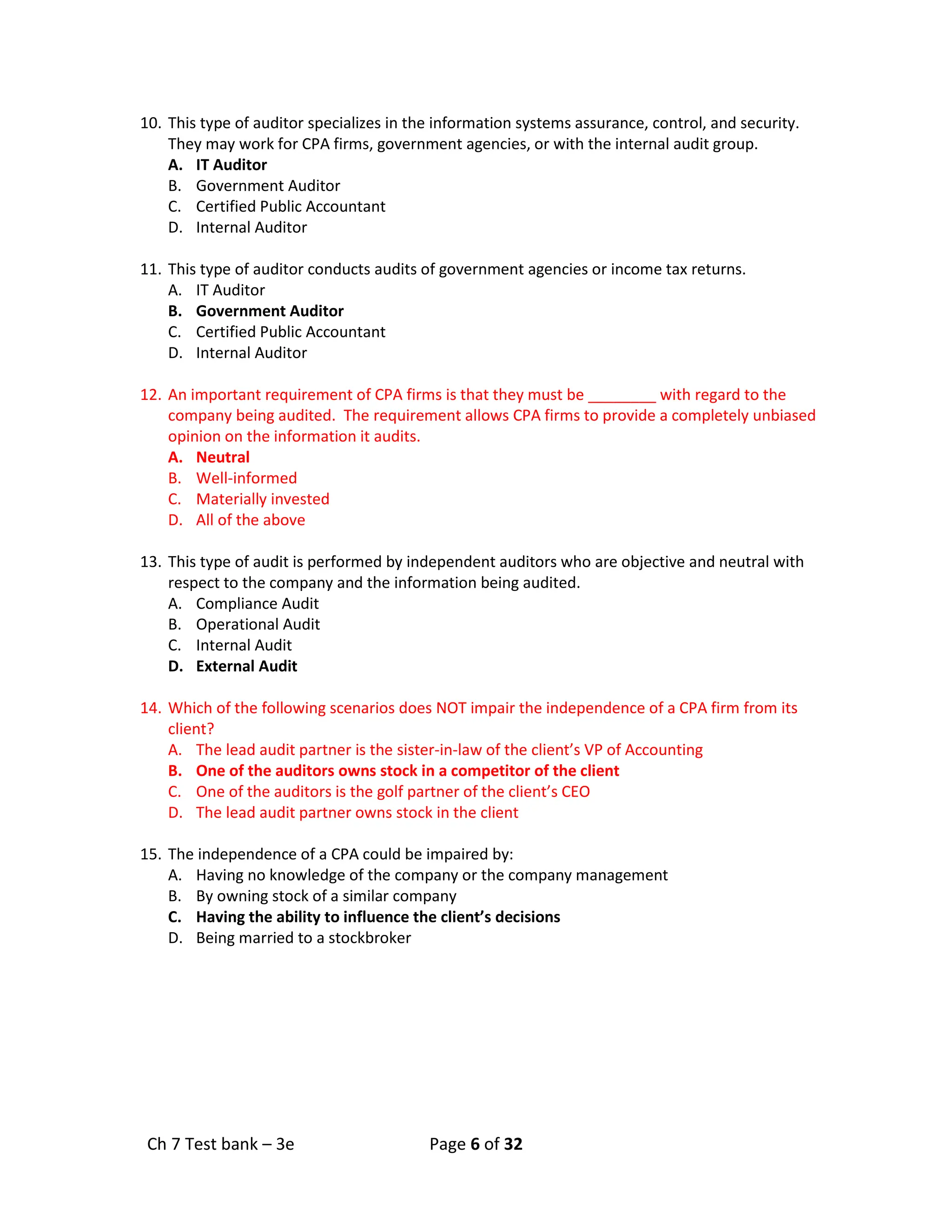 Ch 7 Test bank – 3e Page 6 of 32
10. This type of auditor specializes in the information systems assurance, control, and security.
They may work for CPA firms, government agencies, or with the internal audit group.
A. IT Auditor
B. Government Auditor
C. Certified Public Accountant
D. Internal Auditor
11. This type of auditor conducts audits of government agencies or income tax returns.
A. IT Auditor
B. Government Auditor
C. Certified Public Accountant
D. Internal Auditor
12. An important requirement of CPA firms is that they must be ________ with regard to the
company being audited. The requirement allows CPA firms to provide a completely unbiased
opinion on the information it audits.
A. Neutral
B. Well-informed
C. Materially invested
D. All of the above
13. This type of audit is performed by independent auditors who are objective and neutral with
respect to the company and the information being audited.
A. Compliance Audit
B. Operational Audit
C. Internal Audit
D. External Audit
14. Which of the following scenarios does NOT impair the independence of a CPA firm from its
client?
A. The lead audit partner is the sister-in-law of the client’s VP of Accounting
B. One of the auditors owns stock in a competitor of the client
C. One of the auditors is the golf partner of the client’s CEO
D. The lead audit partner owns stock in the client
15. The independence of a CPA could be impaired by:
A. Having no knowledge of the company or the company management
B. By owning stock of a similar company
C. Having the ability to influence the client’s decisions
D. Being married to a stockbroker
 