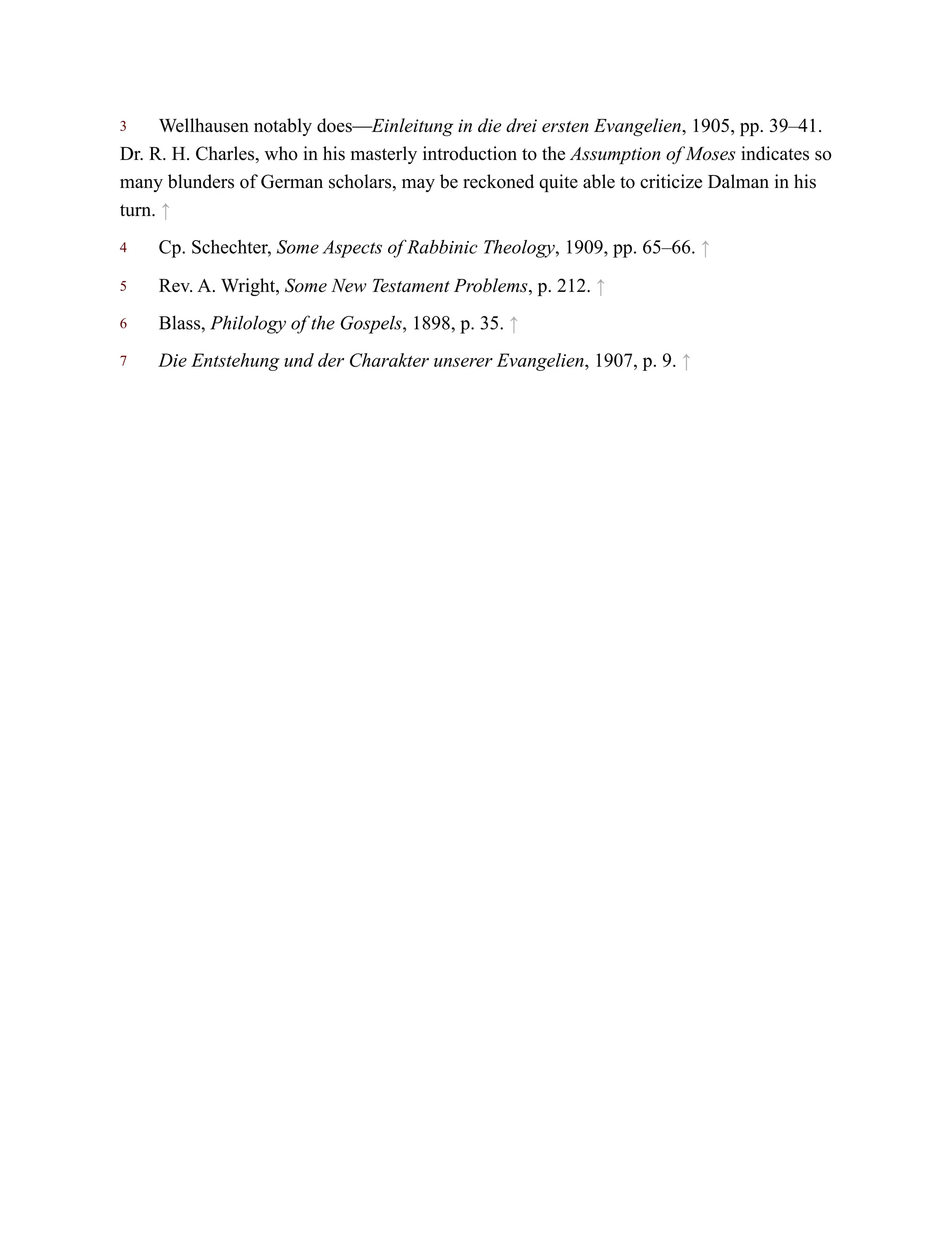 3
4
5
6
7
Wellhausen notably does—Einleitung in die drei ersten Evangelien, 1905, pp. 39–41.
Dr. R. H. Charles, who in his masterly introduction to the Assumption of Moses indicates so
many blunders of German scholars, may be reckoned quite able to criticize Dalman in his
turn. ↑
Cp. Schechter, Some Aspects of Rabbinic Theology, 1909, pp. 65–66. ↑
Rev. A. Wright, Some New Testament Problems, p. 212. ↑
Blass, Philology of the Gospels, 1898, p. 35. ↑
Die Entstehung und der Charakter unserer Evangelien, 1907, p. 9. ↑
 