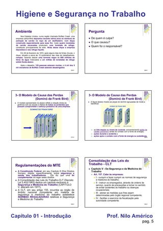 pag. 5
Higiene e Segurança no Trabalho
Capítulo 01 - Introdução Prof. Nilo Américo
25/41
Ambiente
Nos Estados Unidos, numa região chamada Buffalo Creek, uma
empresa carbonífera depositou durante vários anos os resíduos da
extração de carvão no topo de um desfiladeiro, num dique
construído especialmente para esse fim. Cada quatro toneladas
de carvão escavadas produziam uma tonelada de refugo,
constituído principalmente de xisto. Atrás desse dique a empresa
depositava o seu refugo líquido.
Em 26 de fevereiro de 1972, após alguns dias de fortes chuvas, o
dique, situado a cerca de 15 quilômetros das vilas de trabalhadores,
rompeu, fazendo descer uma torrente negra de 600 milhões de
litros de água misturados a um milhão de toneladas de refugo
sólido fenda abaixo.
Após o desastre, 125 pessoas estavam mortas, e 4 mil dos 5
mil moradores de Buffalo Creek estavam desabrigados.
26/41
Pergunta
De quem é culpa?
O que causou?
Quem foi o responsável?
27/41
3- O Modelo de Causa das Perdas
(Dominó de Frank Bird)
O modelo apresentado na abaixo reflete a relação direta da
gerência com as causas e efeitos de todos os acidentes que
possam comprometer o esforço produtivo de uma empresa.
28/41
3- O Modelo de Causa das Perdas
(Dominó de Frank Bird)
A figura abaixo mostra as peças do dominó agrupadas de modo a
identificar:
as três etapas ou níveis de controle: eminentemente ações de
caráter preventivo (antes do contato com a fonte de energia),
ações durante o acidente e
ações após o contato com a fonte de energia ou substância.
29/41
Regulamentações do MTE
A Constituição Federal, em seu Capítulo II (Dos Direitos
Sociais), dispõe, especificamente, sobre segurança e
saúde dos trabalhadores. Ela diz que uma lei
complementar irá reger estes direitos
A Consolidação das Leis do Trabalho-CLT (Decreto
Lei 5.452/1943) dedica um capítulo exclusivo à
Segurança e Medicina do Trabalho (CAPíTULO
V, alterado em 1977);
A CLT, em seu artigo 155, incumbe ao órgão de
âmbito nacional competente em matéria de
segurança e medicina do trabalho estabelece
NORMAS REGULADORAS relativas à Segurança
e Medicina do Trabalho
30/41
Capítulo V - Da Segurança e da Medicina do
Trabalho
Art. 157. Cabe às empresas:
I - cumprir e fazer cumprir as normas de segurança
e medicina do trabalho;
II - instruir os empregados, através de ordens de
serviço, quanto às precauções a tomar no sentido
de evitar acidentes do trabalho ou doenças
ocupacionais;
III - adotar as medidas que lhes sejam
determinadas pelo órgão regional competente;
IV - facilitar o exercício da fiscalização pela
autoridade competente.
Consolidação das Leis do
Trabalho - CLT
 