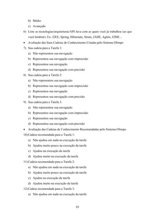 83
b) Médio
c) Avançado
6) Liste as tecnologias/arquiteturas/API Java com as quais você já trabalhou (as que
você lembrar). Ex: J2EE, Spring, Hibernate, Struts, JADE, Aglets, J2ME...
• Avaliação das Suas Cadeias de Conhecimento Criadas pelo Sistema Olimpo
7) Sua cadeia para a Tarefa 1:
a) Não representou sua navegação
b) Representou sua navegação com imprecisão
c) Representou sua navegação
d) Representou sua navegação com precisão
8) Sua cadeia para a Tarefa 2:
a) Não representou sua navegação
b) Representou sua navegação com imprecisão
c) Representou sua navegação
d) Representou sua navegação com precisão
9) Sua cadeia para a Tarefa 3:
a) Não representou sua navegação
b) Representou sua navegação com imprecisão
c) Representou sua navegação
d) Representou sua navegação com precisão
• Avaliação das Cadeias de Conhecimento Recomendadas pelo Sistema Olimpo
10) Cadeia recomendada para a Tarefa 1:
a) Não ajudou em nada na execução da tarefa
b) Ajudou muito pouco na execução da tarefa
c) Ajudou na execução da tarefa
d) Ajudou muito na execução da tarefa
11) Cadeia recomendada para a Tarefa 2:
a) Não ajudou em nada na execução da tarefa
b) Ajudou muito pouco na execução da tarefa
c) Ajudou na execução da tarefa
d) Ajudou muito na execução da tarefa
12) Cadeia recomendada para a Tarefa 3:
a) Não ajudou em nada na execução da tarefa
 