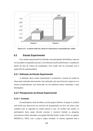 100
2,09
2,27
2
2,05
2,1
2,15
2,2
2,25
2,3
Rodada 2 Rodada 3
Figura 6.14 - Avaliação média das cadeias de conhecimento recomendadas por rodada
6.2 Estudo Experimental
Esse estudo experimental foi realizado com participantes distribuídos, cada um
no seu próprio computador pessoal e com diferentes perfis profissionais e acadêmicos
dentro da área de ciência da computação. Esse estudo não foi executado com a
supervisão do experimentador.
6.2.1 Definição do Estudo Experimental
A definição desse estudo experimental é exatamente a mesma do estudo de
observação realizado anteriormente. Sua realização será uma forma de comprovar se o
mesmo comportamento será observado em um ambiente menos controlado e mais
heterogêneo.
6.2.2 Planejamento do Estudo Experimental
6.2.2.1 Contexto
Os participantes serão divididos em dois grupos distintos. O grupo A receberá
uma tarefa que descreverá um exercício de programação em Java um pouco mais
complexo que os sugeridos no estudo anterior a esse. Ao receber suas tarefas, os
participantes desse grupo deverão executar o exercício fazendo as pesquisas
necessárias na Web utilizando o navegador Mozilla Firefox versão 2.0.0.3 ou superior
(MOZILLA, 2007), com o plug-in Argus instalado. O sistema registrará toda a
 