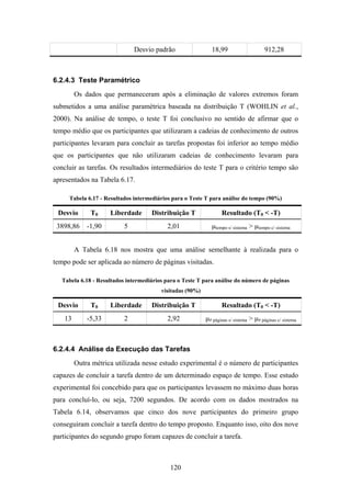 120
Desvio padrão 18,99 912,28
6.2.4.3 Teste Paramétrico
Os dados que permaneceram após a eliminação de valores extremos foram
submetidos a uma análise paramétrica baseada na distribuição T (WOHLIN et al.,
2000). Na análise de tempo, o teste T foi conclusivo no sentido de afirmar que o
tempo médio que os participantes que utilizaram a cadeias de conhecimento de outros
participantes levaram para concluir as tarefas propostas foi inferior ao tempo médio
que os participantes que não utilizaram cadeias de conhecimento levaram para
concluir as tarefas. Os resultados intermediários do teste T para o critério tempo são
apresentados na Tabela 6.17.
Tabela 6.17 - Resultados intermediários para o Teste T para análise do tempo (90%)
Desvio T0 Liberdade Distribuição T Resultado (T0 < -T)
3898,86 -1,90 5 2,01 µtempo s/ sistema > µtempo c/ sistema
A Tabela 6.18 nos mostra que uma análise semelhante à realizada para o
tempo pode ser aplicada ao número de páginas visitadas.
Tabela 6.18 - Resultados intermediários para o Teste T para análise do número de páginas
visitadas (90%)
Desvio T0 Liberdade Distribuição T Resultado (T0 < -T)
13 -5,33 2 2,92 µ# páginas s/ sistema > µ# páginas c/ sistema
6.2.4.4 Análise da Execução das Tarefas
Outra métrica utilizada nesse estudo experimental é o número de participantes
capazes de concluir a tarefa dentro de um determinado espaço de tempo. Esse estudo
experimental foi concebido para que os participantes levassem no máximo duas horas
para concluí-lo, ou seja, 7200 segundos. De acordo com os dados mostrados na
Tabela 6.14, observamos que cinco dos nove participantes do primeiro grupo
conseguiram concluir a tarefa dentro do tempo proposto. Enquanto isso, oito dos nove
participantes do segundo grupo foram capazes de concluir a tarefa.
 