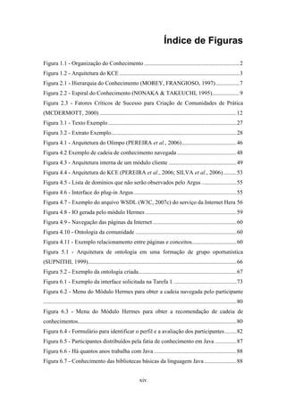 xiv
Índice de Figuras
Figura 1.1 - Organização do Conhecimento ..................................................................2
Figura 1.2 - Arquitetura do KCE ...................................................................................3
Figura 2.1 - Hierarquia do Conhecimento (MOREY, FRANGIOSO, 1997) ................7
Figura 2.2 - Espiral do Conhecimento (NONAKA & TAKEUCHI, 1995)...................9
Figura 2.3 - Fatores Críticos de Sucesso para Criação de Comunidades de Prática
(MCDERMOTT, 2000) ...............................................................................................12
Figura 3.1 - Texto Exemplo.........................................................................................27
Figura 3.2 - Extrato Exemplo.......................................................................................28
Figura 4.1 - Arquitetura do Olimpo (PEREIRA et al., 2006)......................................46
Figura 4.2 Exemplo de cadeia de conhecimento navegada .........................................48
Figura 4.3 - Arquitetura interna de um módulo cliente ...............................................49
Figura 4.4 - Arquitetura do KCE (PEREIRA et al., 2006; SILVA et al., 2006).........53
Figura 4.5 - Lista de domínios que não serão observados pelo Argus ........................55
Figura 4.6 - Interface do plug-in Argus .......................................................................55
Figura 4.7 - Exemplo do arquivo WSDL (W3C, 2007c) do serviço da Internet Hera 56
Figura 4.8 - IO gerada pelo módulo Hermes ...............................................................59
Figura 4.9 - Navegação das páginas da Internet ..........................................................60
Figura 4.10 - Ontologia da comunidade ......................................................................60
Figura 4.11 - Exemplo relacionamento entre páginas e conceitos...............................60
Figura 5.1 - Arquitetura de ontologia em uma formação de grupo oportunística
(SUPNITHI, 1999).......................................................................................................66
Figura 5.2 - Exemplo da ontologia criada....................................................................67
Figura 6.1 - Exemplo da interface solicitada na Tarefa 1............................................73
Figura 6.2 - Menu do Módulo Hermes para obter a cadeia navegada pelo participante
......................................................................................................................................80
Figura 6.3 - Menu do Módulo Hermes para obter a recomendação de cadeia de
conhecimentos..............................................................................................................80
Figura 6.4 - Formulário para identificar o perfil e a avaliação dos participantes........82
Figura 6.5 - Participantes distribuídos pela fatia de conhecimento em Java ...............87
Figura 6.6 - Há quantos anos trabalha com Java .........................................................88
Figura 6.7 - Conhecimento das bibliotecas básicas da linguagem Java ......................88
 