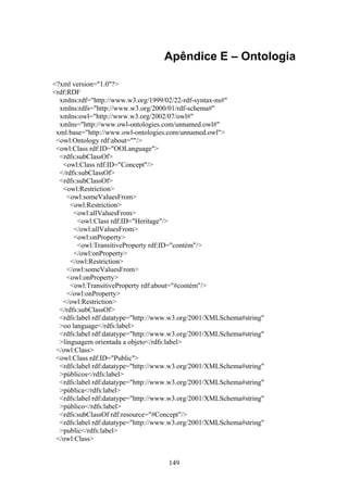 149
Apêndice E – Ontologia
<?xml version="1.0"?>
<rdf:RDF
xmlns:rdf="http://www.w3.org/1999/02/22-rdf-syntax-ns#"
xmlns:rdfs="http://www.w3.org/2000/01/rdf-schema#"
xmlns:owl="http://www.w3.org/2002/07/owl#"
xmlns="http://www.owl-ontologies.com/unnamed.owl#"
xml:base="http://www.owl-ontologies.com/unnamed.owl">
<owl:Ontology rdf:about=""/>
<owl:Class rdf:ID="OOLanguage">
<rdfs:subClassOf>
<owl:Class rdf:ID="Concept"/>
</rdfs:subClassOf>
<rdfs:subClassOf>
<owl:Restriction>
<owl:someValuesFrom>
<owl:Restriction>
<owl:allValuesFrom>
<owl:Class rdf:ID="Heritage"/>
</owl:allValuesFrom>
<owl:onProperty>
<owl:TransitiveProperty rdf:ID="contém"/>
</owl:onProperty>
</owl:Restriction>
</owl:someValuesFrom>
<owl:onProperty>
<owl:TransitiveProperty rdf:about="#contém"/>
</owl:onProperty>
</owl:Restriction>
</rdfs:subClassOf>
<rdfs:label rdf:datatype="http://www.w3.org/2001/XMLSchema#string"
>oo language</rdfs:label>
<rdfs:label rdf:datatype="http://www.w3.org/2001/XMLSchema#string"
>linguagem orientada a objeto</rdfs:label>
</owl:Class>
<owl:Class rdf:ID="Public">
<rdfs:label rdf:datatype="http://www.w3.org/2001/XMLSchema#string"
>públicos</rdfs:label>
<rdfs:label rdf:datatype="http://www.w3.org/2001/XMLSchema#string"
>pública</rdfs:label>
<rdfs:label rdf:datatype="http://www.w3.org/2001/XMLSchema#string"
>público</rdfs:label>
<rdfs:subClassOf rdf:resource="#Concept"/>
<rdfs:label rdf:datatype="http://www.w3.org/2001/XMLSchema#string"
>public</rdfs:label>
</owl:Class>
 