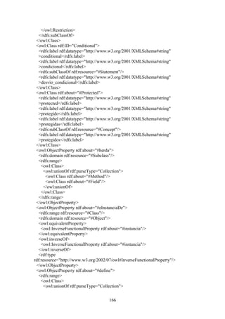 166
</owl:Restriction>
</rdfs:subClassOf>
</owl:Class>
<owl:Class rdf:ID="Conditional">
<rdfs:label rdf:datatype="http://www.w3.org/2001/XMLSchema#string"
>conditional</rdfs:label>
<rdfs:label rdf:datatype="http://www.w3.org/2001/XMLSchema#string"
>condicional</rdfs:label>
<rdfs:subClassOf rdf:resource="#Statement"/>
<rdfs:label rdf:datatype="http://www.w3.org/2001/XMLSchema#string"
>desvio_condicional</rdfs:label>
</owl:Class>
<owl:Class rdf:about="#Protected">
<rdfs:label rdf:datatype="http://www.w3.org/2001/XMLSchema#string"
>protected</rdfs:label>
<rdfs:label rdf:datatype="http://www.w3.org/2001/XMLSchema#string"
>protegido</rdfs:label>
<rdfs:label rdf:datatype="http://www.w3.org/2001/XMLSchema#string"
>protegidas</rdfs:label>
<rdfs:subClassOf rdf:resource="#Concept"/>
<rdfs:label rdf:datatype="http://www.w3.org/2001/XMLSchema#string"
>protegidos</rdfs:label>
</owl:Class>
<owl:ObjectProperty rdf:about="#herda">
<rdfs:domain rdf:resource="#Subclass"/>
<rdfs:range>
<owl:Class>
<owl:unionOf rdf:parseType="Collection">
<owl:Class rdf:about="#Method"/>
<owl:Class rdf:about="#Field"/>
</owl:unionOf>
</owl:Class>
</rdfs:range>
</owl:ObjectProperty>
<owl:ObjectProperty rdf:about="#eInstanciaDe">
<rdfs:range rdf:resource="#Class"/>
<rdfs:domain rdf:resource="#Object"/>
<owl:equivalentProperty>
<owl:InverseFunctionalProperty rdf:about="#instancia"/>
</owl:equivalentProperty>
<owl:inverseOf>
<owl:InverseFunctionalProperty rdf:about="#instancia"/>
</owl:inverseOf>
<rdf:type
rdf:resource="http://www.w3.org/2002/07/owl#InverseFunctionalProperty"/>
</owl:ObjectProperty>
<owl:ObjectProperty rdf:about="#define">
<rdfs:range>
<owl:Class>
<owl:unionOf rdf:parseType="Collection">
 