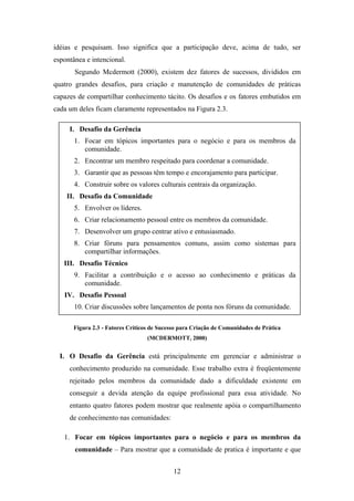 12
idéias e pesquisam. Isso significa que a participação deve, acima de tudo, ser
espontânea e intencional.
Segundo Mcdermott (2000), existem dez fatores de sucessos, divididos em
quatro grandes desafios, para criação e manutenção de comunidades de práticas
capazes de compartilhar conhecimento tácito. Os desafios e os fatores embutidos em
cada um deles ficam claramente representados na Figura 2.3.
Figura 2.3 - Fatores Críticos de Sucesso para Criação de Comunidades de Prática
(MCDERMOTT, 2000)
I. O Desafio da Gerência está principalmente em gerenciar e administrar o
conhecimento produzido na comunidade. Esse trabalho extra é freqüentemente
rejeitado pelos membros da comunidade dado a dificuldade existente em
conseguir a devida atenção da equipe profissional para essa atividade. No
entanto quatro fatores podem mostrar que realmente apóia o compartilhamento
de conhecimento nas comunidades:
1. Focar em tópicos importantes para o negócio e para os membros da
comunidade – Para mostrar que a comunidade de pratica é importante e que
I. Desafio da Gerência
1. Focar em tópicos importantes para o negócio e para os membros da
comunidade.
2. Encontrar um membro respeitado para coordenar a comunidade.
3. Garantir que as pessoas têm tempo e encorajamento para participar.
4. Construir sobre os valores culturais centrais da organização.
II. Desafio da Comunidade
5. Envolver os líderes.
6. Criar relacionamento pessoal entre os membros da comunidade.
7. Desenvolver um grupo centrar ativo e entusiasmado.
8. Criar fóruns para pensamentos comuns, assim como sistemas para
compartilhar informações.
III. Desafio Técnico
9. Facilitar a contribuição e o acesso ao conhecimento e práticas da
comunidade.
IV. Desafio Pessoal
10. Criar discussões sobre lançamentos de ponta nos fóruns da comunidade.
 