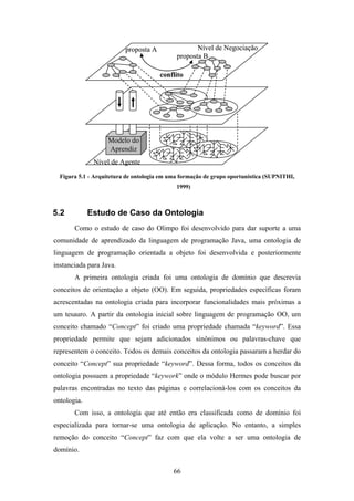 66
Modelo do
Aprendiz
Nível de Agente
Nível de Negociação
proposta B
proposta A
conflito
Modelo do
Aprendiz
Nível de Agente
Nível de Negociação
proposta B
proposta A
conflito
Figura 5.1 - Arquitetura de ontologia em uma formação de grupo oportunística (SUPNITHI,
1999)
5.2 Estudo de Caso da Ontologia
Como o estudo de caso do Olimpo foi desenvolvido para dar suporte a uma
comunidade de aprendizado da linguagem de programação Java, uma ontologia de
linguagem de programação orientada a objeto foi desenvolvida e posteriormente
instanciada para Java.
A primeira ontologia criada foi uma ontologia de domínio que descrevia
conceitos de orientação a objeto (OO). Em seguida, propriedades específicas foram
acrescentadas na ontologia criada para incorporar funcionalidades mais próximas a
um tesauro. A partir da ontologia inicial sobre linguagem de programação OO, um
conceito chamado “Concept” foi criado uma propriedade chamada “keyword”. Essa
propriedade permite que sejam adicionados sinônimos ou palavras-chave que
representem o conceito. Todos os demais conceitos da ontologia passaram a herdar do
conceito “Concept” sua propriedade “keyword”. Dessa forma, todos os conceitos da
ontologia possuem a propriedade “keywork” onde o módulo Hermes pode buscar por
palavras encontradas no texto das páginas e correlacioná-los com os conceitos da
ontologia.
Com isso, a ontologia que até então era classificada como de domínio foi
especializada para tornar-se uma ontologia de aplicação. No entanto, a simples
remoção do conceito “Concept” faz com que ela volte a ser uma ontologia de
domínio.
 