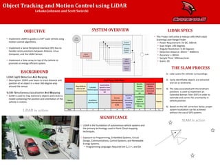 Object Tracking and Motion Control using LiDAR
• Implement LiDAR to guide a 1/10th scale vehicle using
motion control algorithms.
• Implement a Serial Peripheral Interface (SPI) Bus to
handle communications between Arduino, Linux
Computer, and the LiDAR Sensor.
• Implement a Solar array on top of the vehicle to
promote an energy efficient system.
LiDAR: Light Detection And Ranging.
• Description: LiDAR uses lasers to track distance and
position of an object in a near 360-degree area
around the sensor.
SLAM: Simultaneous Localization And Mapping
• SLAM is used to map stationary objects and create a
model containing the position and orientation of the
vehicle in motion.
Lekako Johnson and Scott Swiecki
• LiDAR is the foundation of autonomous vehicle systems and
the primary technology used in Point-Cloud mapping
techniques.
• Exposure to Programming, Embedded Systems, Circuit
Design, Communications, Control Systems, and Renewable
Energy Systems.
• Programming Languages Required are C, C++, and C#.
• This Project will utilize a Hokuyo URG-04LX-UG01
Scanning Laser Range Finder.
• Power Requirement: 5V DC, 500mA
• Scan Angle: 240 Degrees
• Angular Resolution: 0.36 Degrees
• Detection Distance: 20mm ~ 4000mm
• Accuracy: +-30mm
• Sample Time: 100msec/scan
• Scans: 2D
1) Lidar scans the vehicles surroundings.
2) Easily identifiable objects are extracted
and set as landmarks.
3) The data associated with the landmark
positions is used to implement an
Extended Kalman Filter (EKF) in order to
estimate and correct for uncertainty in
vehicle position.
4) Based on the EKF correction factor, proper
system localization can be achieved
without the use of GPS systems.
 