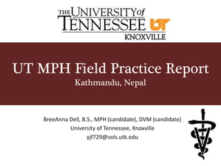 UT MPH Field Practice Report
Kathmandu, Nepal
BreeAnna Dell, B.S., MPH (candidate), DVM (candidate)
University of Tennessee, Knoxville
yjf729@vols.utk.edu
 