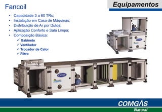Fancoil Equipamentos
• Capacidade 3 a 60 TRs;
• Instalação em Casa de Máquinas;
• Distribuição de Ar por Dutos;
• Aplicação Conforto e Sala Limpa;
• Composição Básica:
 Gabinete
 Ventilador
 Trocador de Calor
 Filtro
 