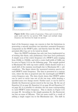3.4.4. SWIFT 37
Figure 3.13: Other modes of operation: Chirp and reversed chirp
pusle mode used for ion ejection TOF. Single and multiple single
frequency sine functions for single ion ejection.
limit of the frequency range, my concern is that the limitations in
generating a smooth waveform can introduce unwanted frequency
components in the SWIFT pulse, and thereby limit the eﬀect. This
potential eﬀect has yet to be tested in detail.
Since the SWIFT-technique has only just been implemented as
of writing this thesis, only preliminary tests have been performed.
A simple scan of the center frequency of a SWIFT pulse ranging
from 10 kHz to 150 kHz, and with a center half-width of 5 kHz can
be seen in Figure 3.14 on the following page. The sample probed
is Rhodamine 6G with tap water added, which should result in a
small shift of the emission wavelength due to Rhodamine 6G + salt
complexes. The ﬁgure shows the measured emission spectra for
each SWIFT center frequency. The data is presented in a contour
view, where the data is projected onto the wavelength and SWIFT
center frequency axis. The data clearly shows that SWIFT pulses
can be used to excite ions out of the ion trap, while keeping a
speciﬁed mass over change stored. Further more, it can be used to
identify the ﬂuorescent species stored in the ion trap. By the use of
Equation 3.2 on page 28, Equation 3.4 on page 30 and Equation 3.7
on page 33, it is possible to calculate the ion mass corresponding
to each SWIFT center frequency. This is shown in Figure 3.15
on page 39. According to the simple gaussian ﬁt, the ﬂuorescent
ion has an mass of 506 amu. This ion mass could be a result of
adding a single copper ion to the Rhodamine dye. The shift in
 