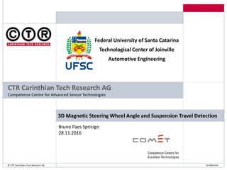 Confidential© CTR Carinthian Tech Research AG
CTR Carinthian Tech Research AG
Competence Centre for Advanced Sensor Technologies
3D Magnetic Steering Wheel Angle and Suspension Travel Detection
Bruno Paes Spricigo
28.11.2016
Federal University of Santa Catarina
Technological Center of Joinville
Automotive Engineering
 