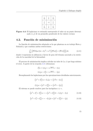 Capítulo 4. Enfoque elegido
-1
1
12
1
12
1
12
1
12
1
6
1
6
1
6
1
6
Figura 4.4: El laplaciano es estimado sustrayendo el valor en un punto determi-
nado (i, j) de un promedio ponderado de los valores vecinos
4.2. Función de minimización
La función de minimización adoptada es la que plantean en su trabajo Horn y
Schunck y que combina ambas restricciones:
D
( I(x, t)v + It)2
+ α2
|| u||2
2 + || v||2
2 dx (4.11)
donde λ representa la inﬂuencia o factor de peso del término asociado a la restric-
ción de la suavidad de la Intensidad.
El proceso de minimización implica calcular un valor de (u, v) que haga mínimo
el error. A partir de la ecuación 4.11 obtenemos:
I2
xu + IxIyv = α2 2
u − IxIt
IxIyu + I2
y v = α2 2
v − IyIt
Reemplazando los laplacianos por las aproximaciones detalladas anteriormente,
α2
+ I2
x u + IxIyv = α2
u − IxIt
IxIyu + α2
+ I2
y v = α2
v − IyIt
El sistema se puede resolver para las incógnitas u y v,
α2
+ I2
x + I2
y u = + α2
+ I2
y u − IxIyv − IxIt (4.12)
α2
+ I2
x + I2
y v = −IxIyu + α2
+ I2
x v − IyIt (4.13)
15
 