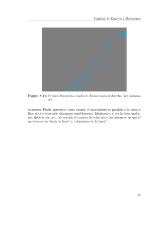 Capítulo 8. Ensayos y Mediciones
Figura 8.11: Primera Secuencia, cuadro 3: Avance hacia la derecha. Ver esquema
8.8
secuencia. Puede apreciarse como cuando el movimiento es paralelo a la línea el
ﬂujo óptico detectado disminuye sensiblemente. Idealmente, al ser la línea unifor-
me, debería ser cero. Es notorio el cambio de color entre los instantes en que el
movimiento es “hacia la línea” y “alejándose de la línea”.
54
 