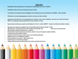 ANO 2010
•   Realização de 02 formações para os professores da Educação de Jovens e Adultos;

•   Realização de 02 encontros do Programa Cultura de Paz;

•   Formação de uma equipe de apoio pedagógico aos professores junto aos descritores do SAEPE - rede municipal;

•   Efetivação de uma psicopedagoga para salas de recursos da rede municipal.

•   Aquisição de 02 ônibus (01 com capacidade de 57 cadeiras e outro com 61 cadeiras) - parceria com o Governo Federal;
•   Reforma e ampliação da Escola Municipal de Ensino Infantil Tia Zita;

•   Ações desenvolvidas para suporte das atividades do I Fórum do Selo UNICEF – Projeto Lixo Reciclado, Belém Cuidado;

•   Aquisição dos seguintes mobiliários para a Escola Municipal de Ensino Infantil Tia Zita:
•   350 (trezentas e cinquenta) Carteiras Universitárias Acochoadas com                porta livros e prancheta fixa;
•   200 (duzentas) cadeiras plásticas para o auditório;
•   60 (sessenta) conjuntos escolares em fórmica, sendo 01 mesa e 04 (quatro) cadeiras infantis;
•   10 (dez) mesas para refeitório infantil
•   04 (quatro) armários de aço, sendo cada um com 03 (três) prateleiras;
•   02(dois) arquivos com 04(quatro) gavetas;
•   01(um) bebedouro de coluna – água natural e fria;
•   03 (três) bureau com 02 (duas) gavetas;
•   10(dez) cadeiras escolar do tipo adulta com encosto revestida de fórmica;
 