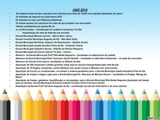 ANO 2010
•   03 cadeiras fixas do tipo executiva com estrutura em tubo de 16x30 com sapatas deslizante de nylon;
•   10 colchões de espuma em poliuretano D33;
•   02 estantes em aço com 06(seis) prateleiras;
•   10 mesas escola com estrutura em tubo de aço pintado com tinta epóxi;
•   10(dez) ventiladores de parede 60 cm
•   ar condicionados - climatização do auditório da Escola Tia Zita
      –    Implantação de rede de Internet nas escolas:
•   Escola Municipal Manoel Jacinto – Bairro Bom Jesus;
•   Escola Carolina Municipal Augusta de Sá – Alto Bela Vista;
•   Escola Municipal Sinfrônio Joaquim do Nascimento – Distrito de Ibó;
•   Escola Municipal Josefa Docelina Pires de Sá – Fazenda Taiano;
•   Escola Municipal Celestino Nunes - Distrito do Riacho Pequeno;
•   Escola Municipal de Ensino Infantil Tia Zita – Centro;
•   Abertura da Escola Municipal Profª Rita Neide Nogueira – localizada na sede/centro da cidade;
•   Abertura da Escola Municipal Dom Francisco Xavier Nieroff – localizada no Alto Novo Horizonte – na sede do município;
•   Abertura da Creche Vovó Izaura, localizada no Distrito do Ibó;
•   Aquisição de 300 (trezentos) coletes guardas vidas para os alunos transportados pela rede fluvial;
•   Aquisição de 10 fogões industriais, sendo 02(dois) com quatro bocas e 08(oito) com duas bocas;
•   Aquisição de 01(um) ar condicionado, um freezer e antena parabólica para a Escola Municipal Josefa Docelina Pires de Sá;
•   Aquisição de freezer e fogão a gás para a Escola Municipal Dr. Maurício de Moraes Guerra – localizada no Projeto Manga de
    Baixo;
•   Aquisição de freezer, geladeira, liquidificador e microsistem, para a Escola Municipal Rita Neide Nogueira;Aquisição de freezer
    para as escolas: Escola Municipal de Ensino Infantil Tia Zita e Dom Francisco Xavier;
•   Ampliação da Escola Profª Carolina Augusta de Sá – construção da sala de informática e de uma cozinha;
 
