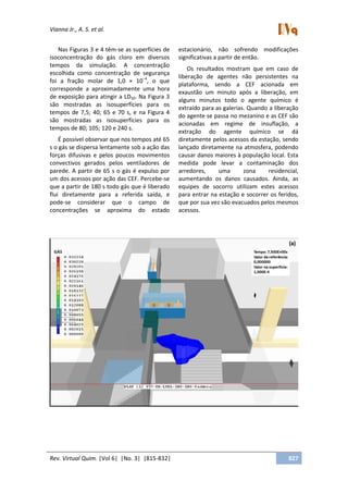 Vianna Jr., A. S. et al.
Rev. Virtual Quim. |Vol 6| |No. 3| |815-832| 827
Nas Figuras 3 e 4 têm-se as superfícies de
isoconcentração do gás cloro em diversos
tempos da simulação. A concentração
escolhida como concentração de segurança
foi a fração molar de 1,0 × 10−4
, o que
corresponde a aproximadamente uma hora
de exposição para atingir a LD50. Na Figura 3
são mostradas as isosuperfícies para os
tempos de 7,5; 40; 65 e 70 s, e na Figura 4
são mostradas as isosuperfícies para os
tempos de 80; 105; 120 e 240 s.
É possível observar que nos tempos até 65
s o gás se dispersa lentamente sob a ação das
forças difusivas e pelos poucos movimentos
convectivos gerados pelos ventiladores de
parede. A partir de 65 s o gás é expulso por
um dos acessos por ação das CEF. Percebe-se
que a partir de 180 s todo gás que é liberado
flui diretamente para a referida saída, e
pode-se considerar que o campo de
concentrações se aproxima do estado
estacionário, não sofrendo modificações
significativas a partir de então.
Os resultados mostram que em caso de
liberação de agentes não persistentes na
plataforma, sendo a CEF acionada em
exaustão um minuto após a liberação, em
alguns minutos todo o agente químico é
extraído para as galerias. Quando a liberação
do agente se passa no mezanino e as CEF são
acionadas em regime de insuflação, a
extração do agente químico se dá
diretamente pelos acessos da estação, sendo
lançado diretamente na atmosfera, podendo
causar danos maiores à população local. Esta
medida pode levar a contaminação dos
arredores, uma zona residencial,
aumentando os danos causados. Ainda, as
equipes de socorro utilizam estes acessos
para entrar na estação e socorrer os feridos,
que por sua vez são evacuados pelos mesmos
acessos.
 