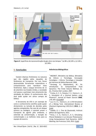 Vianna Jr., A. S. et al.
Rev. Virtual Quim. |Vol 6| |No. 3| |815-832| 831
Figura 4. Superfícies de isoconcentração do gás cloro nos tempos:7
(a) 80 s; (b) 105 s; (c) 120 s;
(e) 240 s
5. Conclusões
Existem diversos fenômenos na natureza
que são regidos pelas equações de
fenômenos de transporte. Por isso, foram
desenvolvidas ferramentas matemáticas e
computacionais para reproduzir estes
fenômenos. Após o ataque terrorista de 11
de setembro nos Estados Unidos, a sociedade
civil passou a participar mais ativamente das
atividades de Defesa. O conhecimento dito
dual pode ajudar em vários campos da
Defesa.
A ferramenta de CFD é um exemplo de
como o conhecimento científico pode ajudar
diretamente na tomada de decisões pelos
agentes competentes. No caso de um ataque
químico ou biológico, é possível prever o
transporte do agente pelo ambiente, a
extensão da contaminação, a duração da
contaminação e as melhores rotas para as
equipes de socorro.
Referências Bibliográficas
1
MD/MCT, Ministério da Defesa, Ministério
de Ciência e Tecnologia, Concepção
Estratégica – Ciência, Tecnologia e Inovação
de Interesse de Defesa Nacional, 2004.
2
Versteeg, H.; Malalasekera, W.; An
Introduction to Computational Fluid
Dynamics: The Finite Volume Method, 2a.
Ed., Prentice Hall: London, 2007.
3
Freitas, G. C. S.; Peixoto, F. C.; Vianna Jr., A.
S. Simulation of a thermal battery using
Phoenics®. Journal of Power Sources 2008,
179, 424. [CrossRef]
4
Luz, H. Z. C.; Vianna Jr., A. S. CFD Simulation
of a Mixing Tank. International Review of
Chemical Engineering (I.RE.CH.E.) 2013, 5, 6.
[Link]
5
Islabão, G. I.; Tese de Doutorado, Instituto
Militar de Engenharia, 2011.
6
Peres, J. C. G.; Vianna Jr., A. S.; Simulating
Phenol Oxidation in an Annular Photoreactor
Using Computational Fluid Dynamics. AIChE
Meeting, San Francisco, EUA, 2013. [Link]
 