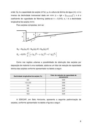 onde: Qs é a capacidade da sarjeta (m³/s); y0 é a altura da lâmina de água (m); z é o 
inverso da declividade transversal dada em m/m (z = tgq = [Itransversal]-1); n é o 
coeficiente de rugosidade de Manning (adota-se n = 0,015); e, I é a declividade 
longitudinal da sarjeta (m/m) 
8 
Para sarjetas compostas, tem-se: 
y0 
y0’ 
q 1 
z 
q 
’ 
Qs = Qs1(y0;q)−Qs2(y¢0;q)+ Qs3(y¢0;q¢) 
1 
 
I 
z’ 
 = × × × − × ¢ + ¢ × ¢ 3 
( ) ( ) ( )  
 
8 
0 
3 
8 
0 
3 
8 
s z y0 z y z y 
n 
Q 0,375 
Como nas regiões urbanas a possibilidade de obstrução das sarjetas por 
deposição de material é uma realidade, adota-se um fator de redução da capacidade 
teórica das sarjetas conforme apresentado na tabela a seguir. 
Declividade longitudinal da sarjeta (%) 
Fator de redução da capacidade de 
escoamento 
0,4 0,50 
1,0 a 3,0 0,80 
5,0 0,50 
6,0 0,40 
8,0 0,27 
10,0 0,20 
A SDECAP, em Belo Horizonte, apresenta a seguinte padronização de 
sarjetas, conforme apresentado na tabela e figuras a seguir. 
 