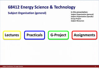 Subject Coordinator: Dr Jurgen Schulte 1
68412 Energy Science & Technology
Subject Organisation (general)
Lectures Practicals G-Project Assignments
In this presentation:
Subject Organisation (general)
Subject Organisation (specific)
Group Project
Subject Resources
 