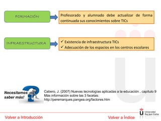 Profesorado y alumnado debe actualizar de forma continuada sus conocimientos sobre TICs Existencia de infraestructura TICs Adecuación de los espacios en los centros escolares Volver a Introducción Volver a Índice Cabero, J. (2007) Nuevas tecnologías aplicadas a la educación , capítulo 9 Más información sobre las 3 facetas: http://peremarques.pangea.org/factores.htm Necesitamos saber más! 