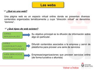 Volver a Índice ¿Qué es una web? Una página web es un espacio virtual online donde se presentan diversos contenidos organizados temáticamente y cuya “dirección virtual” se denomina “dominio”. ¿Qué tipos de web existen? Su objetivo principal es la difusión de información sobre algo en particular. Difundir contenidos asociados a la empresa y servir de plataforma para proveer una serie de servicios Empresas/organizaciones que proveen servicios online (de forma lucrativa o alturista) Las webs 