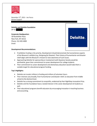 November 17th
, 2015 – Joe Fiocco
General Support
Shared-Development-RESEARCH-Donor and Prospect Files-Corporations-Deloitte Research JF 12.4.15
1
Deloitte and Deloitte Foundation
DP ID: 35494
Corporate Headquarters
30 Rockefeller Plaza
New York, NY 10112
Phone: 212-492-4000
Email:
Development Recommendations:
 If exhibition funding is the priority, Development should demonstrate the humanitarian aspects
of the Museum’s exhibits (e.g. Designing for Disaster). Their history of humanitarian and disaster
relief aligns with the Museum’s mission to raise awareness of such issues.
 Approaching Deloitte for sponsorship or involvement with Keystone Society would be
worthwhile, given their commitment to career development for college students.
 Their commitment to career development and elementary education would make them a
suitable target for educational program funding.
Top 5 Highlights:
 Deloitte can muster millions in funding and millions of volunteer hours.
 Their interests vary broadly, from humanitarian and disaster relief, to education from middle
school to the doctoral level.
 Deloitte has a strong commitment to nonprofits, evidenced by their RightStep Innovation Prize.
 Deloitte and the Foundation have a vested interest in the career development of students as
well.
 Their educational programs benefit educators by encouraging innovation in teaching business
and accounting.
 
