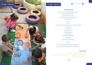 2 23
:‫المشروع‬‫مدة‬
.2013‫آيلول‬30‫الخميس‬‫ولغاية‬2013‫تموز‬01‫من‬ً‫ا‬‫بدء‬
‫والخميس‬‫واألربعاء‬‫الثالثاء‬‫خالل‬‫النشاط‬‫في‬‫والمتطوعات‬‫األطفال‬‫مع‬‫العمل‬‫يكون‬‫بحيث‬
.‫أسبوع‬‫كل‬‫من‬‫عادي‬‫غير‬‫يوم‬‫وجود‬‫عند‬
:‫األنشطة‬ ‫ملخص‬
‫تنكرية‬‫حفلة‬/)...‫ألبسة‬،‫(طعام‬‫التراث‬‫عن‬‫أنشطة‬
.‫الكبيرة‬‫للفرق‬‫رياضية‬‫أنشطة‬
.‫مططية‬‫إطارات‬/‫جداريات‬‫رسم‬
.)...‫أشجار‬‫زراعة‬،‫الصحون‬‫زراعة‬،‫الدمية‬‫(زراعة‬‫زراعة‬ 	
...‫ة‬ّ‫ي‬‫إبداع‬‫ودراما‬‫مسرح‬ 	
.‫ظل‬‫مسرح‬ 	
.‫رقص‬ 	
.)...‫اللبناني‬‫الطربوش‬،‫رمضان‬‫فانوس‬،‫نحاس‬‫(صحن‬‫يدواية‬‫أشغال‬ 	
...‫تلوين‬،‫رسم‬ 	
...‫دراما‬،‫دمى‬‫مسرح‬ 	
.‫التراث‬‫عن‬‫أفالم‬‫صناعة‬ 	
.‫مشتركة‬‫هوية‬‫صناعة‬ 	
.‫فتوش‬‫صحن‬‫أكبر‬ 	
.‫البالستيكية‬‫األغطية‬‫فرز‬‫حملة‬ 	
...‫معجون‬،‫فخار‬ 	
.‫العقدة‬...‫وتركيبية‬‫فكرية‬‫ألعاب‬ 	
.T‫حرف‬ 	
.Zoom‫رسم‬ 	
...‫مربع‬‫كم‬،‫الرسم‬‫في‬‫يوجد‬‫مثلث‬‫كم‬،‫الضائعة‬‫الكلمة‬ 	
.‫معينة‬‫أحرف‬‫خالل‬‫من‬‫الكلمات‬‫من‬‫ممكن‬‫عدد‬‫أكبر‬‫نجمع‬‫هيا‬
‫مشاريعنا‬
 