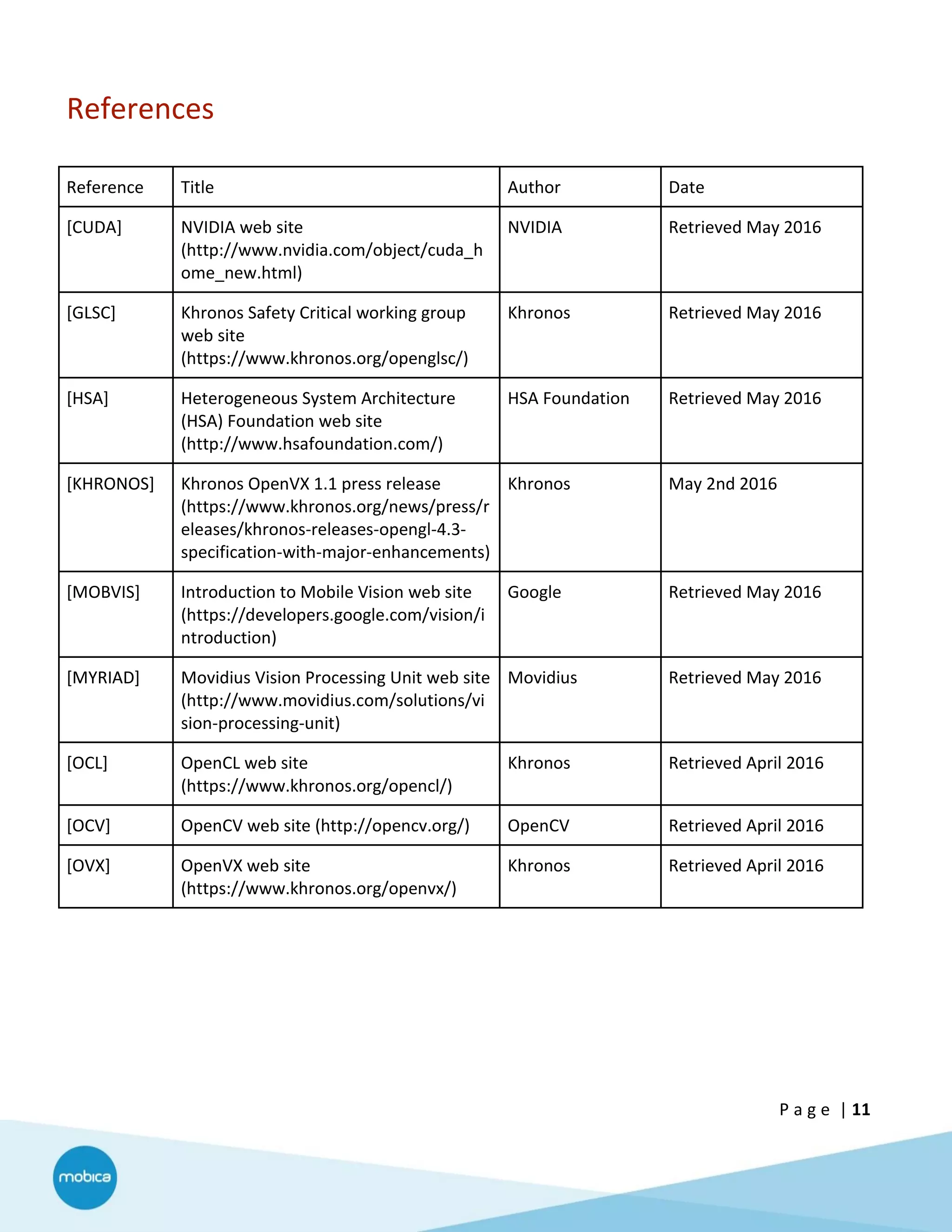 P a g e | 11
References
Reference Title Author Date
[CUDA] NVIDIA web site
(http://www.nvidia.com/object/cuda_h
ome_new.html)
NVIDIA Retrieved May 2016
[GLSC] Khronos Safety Critical working group
web site
(https://www.khronos.org/openglsc/)
Khronos Retrieved May 2016
[HSA] Heterogeneous System Architecture
(HSA) Foundation web site
(http://www.hsafoundation.com/)
HSA Foundation Retrieved May 2016
[KHRONOS] Khronos OpenVX 1.1 press release
(https://www.khronos.org/news/press/r
eleases/khronos-releases-opengl-4.3-
specification-with-major-enhancements)
Khronos May 2nd 2016
[MOBVIS] Introduction to Mobile Vision web site
(https://developers.google.com/vision/i
ntroduction)
Google Retrieved May 2016
[MYRIAD] Movidius Vision Processing Unit web site
(http://www.movidius.com/solutions/vi
sion-processing-unit)
Movidius Retrieved May 2016
[OCL] OpenCL web site
(https://www.khronos.org/opencl/)
Khronos Retrieved April 2016
[OCV] OpenCV web site (http://opencv.org/) OpenCV Retrieved April 2016
[OVX] OpenVX web site
(https://www.khronos.org/openvx/)
Khronos Retrieved April 2016
 