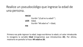 Realice un pseudocódigo que ingrese la edad de
una persona.
INICIO
Escribir “¿Cuál es tu edad? ”;
LEER Edad;
Escribir “Mi edad es” + Edad;
FIN
Primero nos pide ingresar la edad, luego escribimos la edad y el valor introducido
lo recogería la variable Edad (imaginemos que introducimos 20). Por último,
mostraría en pantalla la frase: Mi edad es 20.
 