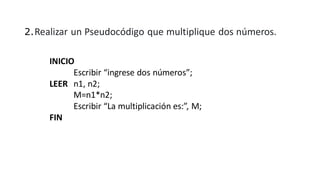 2.Realizar un Pseudocódigo que multiplique dos números.
INICIO
Escribir “ingrese dos números”;
LEER n1, n2;
M=n1*n2;
Escribir “La multiplicación es:”, M;
FIN
 