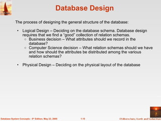 Database Design The process of designing the general structure of the database: Logical Design – Deciding on the database schema. Database design requires that we find a “good” collection of relation schemas. Business decision – What attributes should we record in the database? Computer Science decision – What relation schemas should we have and how should the attributes be distributed among the various relation schemas? Physical Design – Deciding on the physical layout of the database  1.15 Database System Concepts - 5 th  Edition, May 23, 2005 