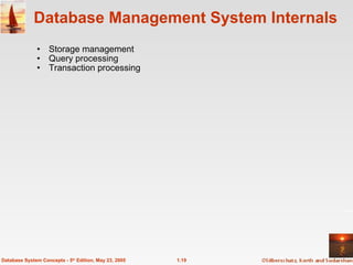 Database Management System Internals Storage management Query processing Transaction processing 1.19 Database System Concepts - 5 th  Edition, May 23, 2005 