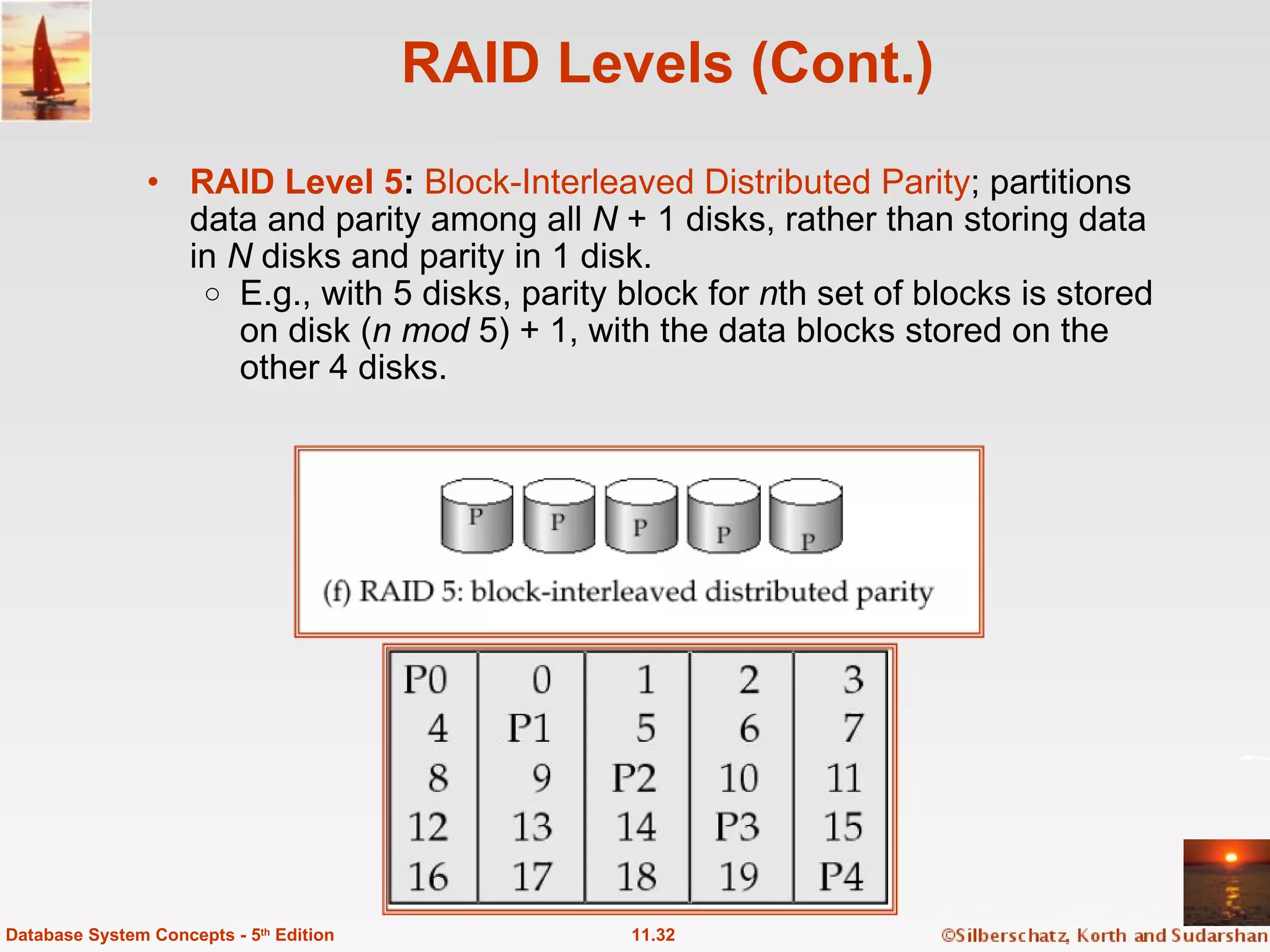 RAID Levels (Cont.) RAID Level 5 :  Block-Interleaved Distributed Parity ; partitions data and parity among all  N  + 1 disks, rather than storing data in  N  disks and parity in 1 disk. E.g., with 5 disks, parity block for  n th set of blocks is stored on disk ( n mod  5) + 1, with the data blocks stored on the other 4 disks. 11.32 Database System Concepts - 5 th  Edition 