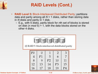 RAID Levels (Cont.) RAID Level 5 :  Block-Interleaved Distributed Parity ; partitions data and parity among all  N  + 1 disks, rather than storing data in  N  disks and parity in 1 disk. E.g., with 5 disks, parity block for  n th set of blocks is stored on disk ( n mod  5) + 1, with the data blocks stored on the other 4 disks. 11.32 Database System Concepts - 5 th  Edition 