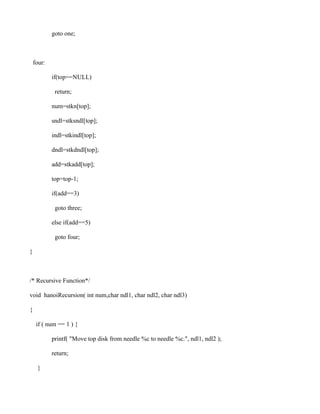 goto one;



    four:

            if(top==NULL)

             return;

            num=stkn[top];

            sndl=stksndl[top];

            indl=stkindl[top];

            dndl=stkdndl[top];

            add=stkadd[top];

            top=top-1;

            if(add==3)

             goto three;

            else if(add==5)

             goto four;

}



/* Recursive Function*/

void hanoiRecursion( int num,char ndl1, char ndl2, char ndl3)

{

     if ( num == 1 ) {

            printf( "Move top disk from needle %c to needle %c.", ndl1, ndl2 );

            return;

     }
 