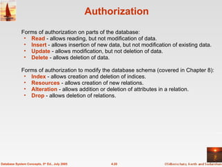Authorization Forms of authorization on parts of the database: Read  - allows reading, but not modification of data. Insert  - allows insertion of new data, but not modification of existing data. Update  - allows modification, but not deletion of data. Delete  - allows deletion of data. Forms of authorization to modify the database schema (covered in Chapter 8): Index  - allows creation and deletion of indices. Resources  - allows creation of new relations. Alteration  - allows addition or deletion of attributes in a relation. Drop  - allows deletion of relations. 4.20 Database System Concepts, 5 th  Ed., July 2005 