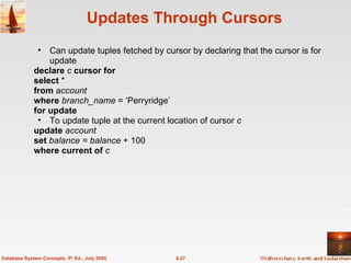 Updates Through Cursors 4.27 Database System Concepts, 5 th  Ed., July 2005 Can update tuples fetched by cursor by declaring that the cursor is for update declare  c  cursor for select  * from  account where   branch_name  = ‘Perryridge’ for update To update tuple at the current location of cursor  c update  account set   balance = balance  + 100 where current of  c 