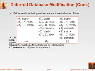 Deferred Database Modification (Cont.)
              • Below we show the log as it appears at three instances of time.




              • If log on stable storage at time of crash is as in case:
             (a) No redo actions need to be taken
             (b) redo(T0) must be performed since <T0 commit> is present
             (c) redo(T0) must be performed followed by redo(T1) since
             <T0 commit> and <Ti commit> are present




Database System Concepts, 5th Ed.                  17.16
 