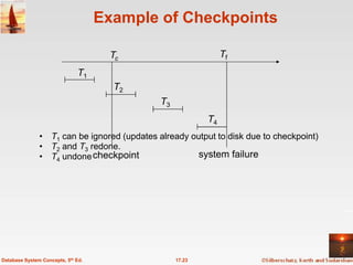 Example of Checkpoints

                                     Tc                        Tf
                              T1
                                      T2
                                             T3
                                                          T4
               • T1 can be ignored (updates already output to disk due to checkpoint)
               • T2 and T3 redone.
               • T4 undone checkpoint                 system failure




Database System Concepts, 5th Ed.                 17.23
 
