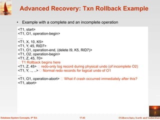 Advanced Recovery: Txn Rollback Example

              • Example with a complete and an incomplete operation
               <T1, start>
               <T1, O1, operation-begin>
               ….
               <T1, X, 10, K5>
               <T1, Y, 45, RID7>
               <T1, O1, operation-end, (delete I9, K5, RID7)>
               <T1, O2, operation-begin>
               <T1, Z, 45, 70>
               T1 Rollback begins here
               <T1, Z, 45> redo-only log record during physical undo (of incomplete O2)
               <T1, Y, .., ..> Normal redo records for logical undo of O1
               …
               <T1, O1, operation-abort> What if crash occurred immediately after this?
               <T1, abort>




Database System Concepts, 5th Ed.                   17.43
 