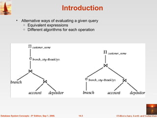 Introduction Alternative ways of evaluating a given query Equivalent expressions Different algorithms for each operation 14.3 Database System Concepts - 5 th  Edition, Sep 1, 2006. 