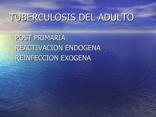 TUBERCULOSIS DEL ADULTO POST PRIMARIA REACTIVACION ENDOGENA REINFECCION EXOGENA 