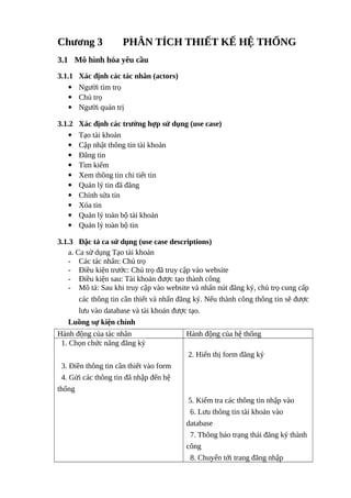 Chương 3 PHÂN TÍCH THIẾT KẾ HỆ THỐNG
3.1 Mô hình hóa yêu cầu
3.1.1 Xác định các tác nhân (actors)
 Người tìm trọ
 Chủ trọ
 Người quản trị
3.1.2 Xác định các trường hợp sử dụng (use case)
 Tạo tài khoản
 Cập nhật thông tin tài khoản
 Đăng tin
 Tìm kiếm
 Xem thông tin chi tiết tin
 Quản lý tin đã đăng
 Chỉnh sửa tin
 Xóa tin
 Quản lý toàn bộ tài khoản
 Quản lý toàn bộ tin
3.1.3 Đặc tả ca sử dụng (use case descriptions)
a. Ca sử dụng Tạo tài khoản
- Các tác nhân: Chủ trọ
- Điều kiện trước: Chủ trọ đã truy cập vào website
- Điều kiện sau: Tài khoản được tạo thành công
- Mô tả: Sau khi truy cập vào website và nhấn nút đăng ký, chủ trọ cung cấp
các thông tin cần thiết và nhấn đăng ký. Nếu thành công thông tin sẽ được
lưu vào database và tài khoản được tạo.
Luồng sự kiện chính
Hành động của tác nhân Hành động của hệ thống
1. Chọn chức năng đăng ký
3. Điền thông tin cần thiết vào form
4. Gửi các thông tin đã nhập đến hệ
thống
2. Hiển thị form đăng ký
5. Kiểm tra các thông tin nhập vào
6. Lưu thông tin tài khoản vào
database
7. Thông báo trạng thái đăng ký thành
công
8. Chuyển tới trang đăng nhập
6849972
 