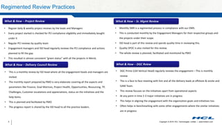 Copyright © 2016 HCL Technologies Limited | www.hcltech.com5
Regimented Review Practices
• Regular daily & weekly project reviews by the leads and Managers
• Every project started is checked for PCI compliance eligibility and immediately bought
under it
• Regular PCI reviews by quality team
• Engagement managers and ISD head regularly reviews the PCI compliance and actions
planned to fill the gap.
• This resulted in almost consistent “green status” with all the projects in Merck.
• This is a monthly review by ISD head where all the engagement heads and managers are
invited.
• The monthly report prepared by PMO is very elaborate covering all the aspects and
parameters like Finance, Goal Matrices, Project Health, Opportunities, Resourcing, TP,
Challenges, Customer escalations and appreciations, status on the initiatives and the
help items.
• This is planned and facilitated by PMO
• The progress report is shared by the ISD head to all the practice leaders.
• Monthly SMR is a regimented process in compliance with our OMS.
• This is conducted monthly by the Engagement Managers for their respective groups and
the projects under their scope.
• ISD head is part of this review and spends quality time in reviewing this.
• Quality SPOC is also invited for this review.
• The whole review is planned, facilitated and monitored by PMO
• DGC Prime (LSH Vertical Head) regularly reviews the engagement – This is monthly
review
• This is a face to face meeting with him and all the delivery leads at offshore & onsite and
GAM Team.
• This review focuses on the initiatives apart from operational aspects
• At any point in time 2-3 major initiatives are in progress
• This helps in aligning the engagement with the organization goals and initiatives too.
• Often helps in benchmarking with some other engagements where the similar initiatives
are in progress
What & How – Project Review
What & How – Delivery Council Review
What & How – Sr. Mgmt Review
What & How – DGC Rview
 