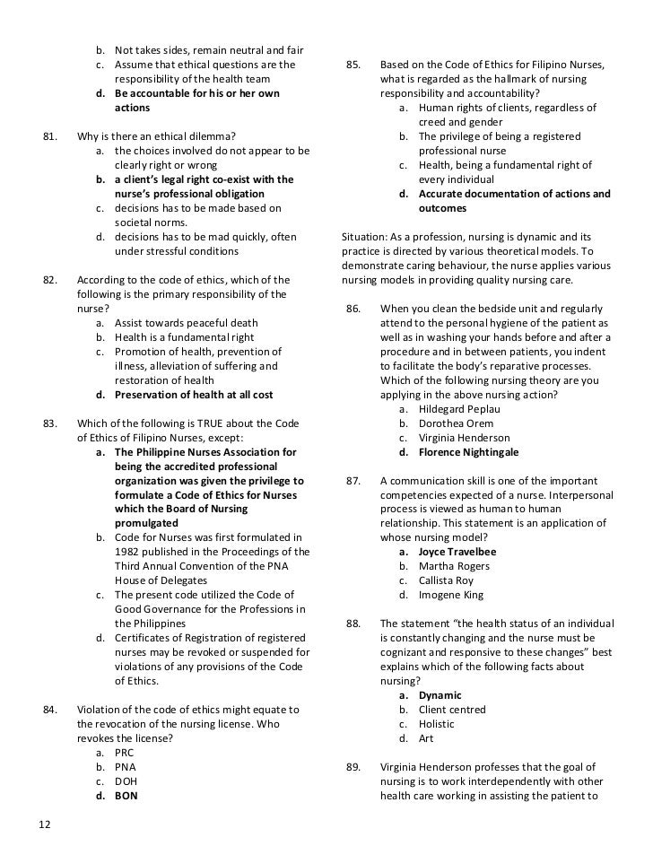 Nursing Questionnaire Board Exam