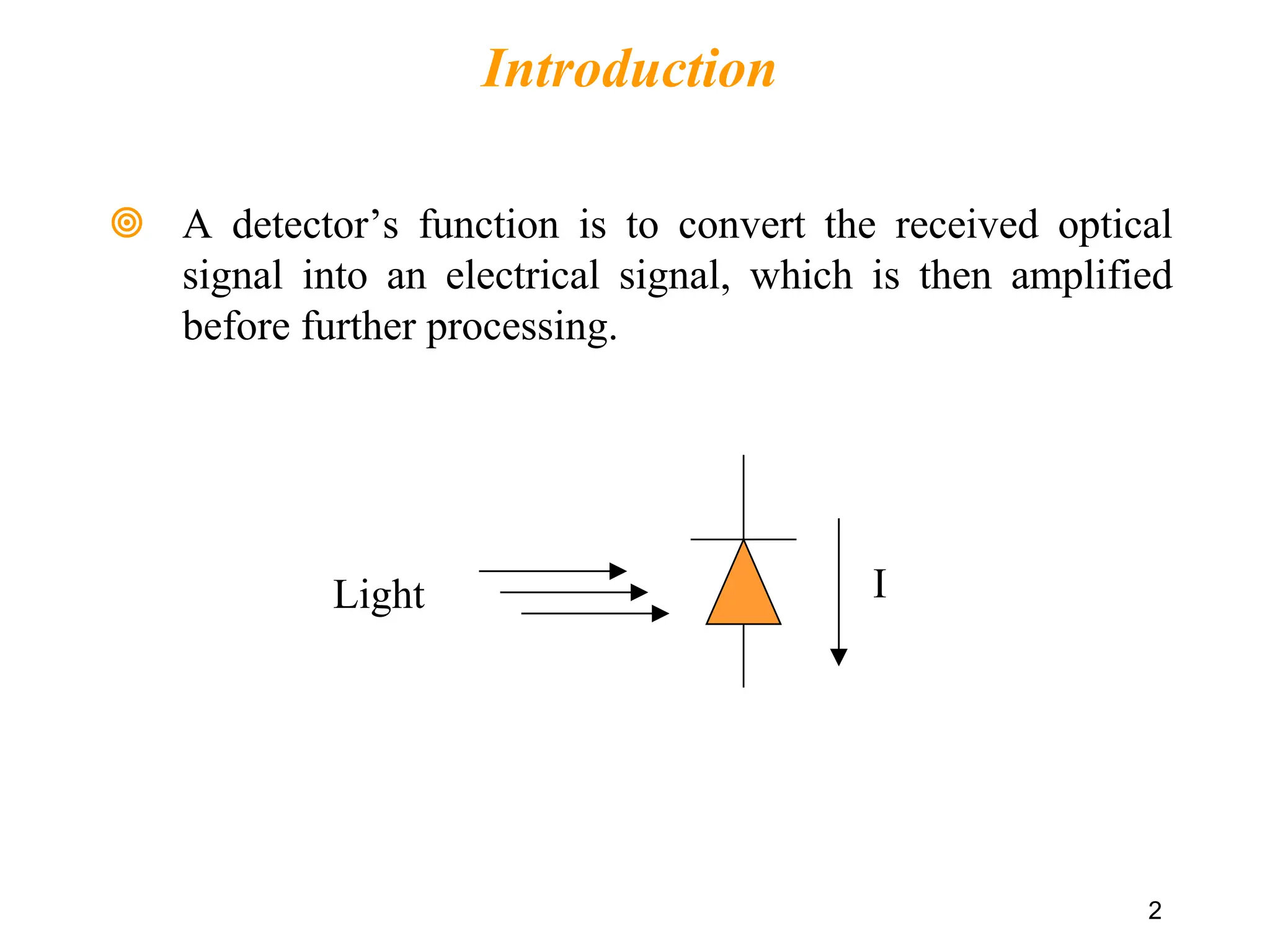 Introduction
 A detector’s function is to convert the received optical
signal into an electrical signal, which is then amplified
before further processing.
2
I
Light
 