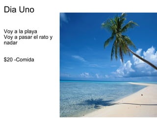 Dia Uno Voy a la playa Voy a pasar el rato y  nadar      $20 -Comida     