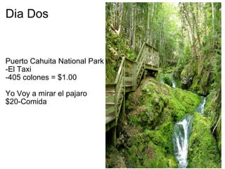 Dia Dos   Puerto Cahuita National Park -El Taxi -405 colones = $1.00   Yo Voy a mirar el pajaro $20-Comida 